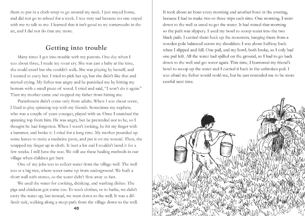 sample pages from Growing Up on the Mountain, published in Laos by Big Brother Mouse