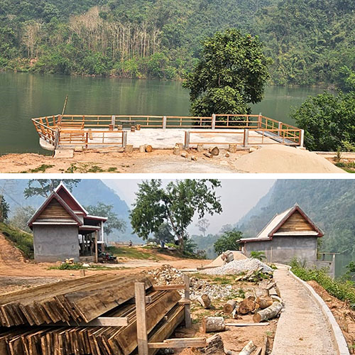 Two pictures: A boat under construction on a river; and housing being built.
