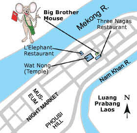 A map of Luang Prabang, Laos, showing location of Big Brother Mouse, L'Elephant Restaurant, and Wat Nong.